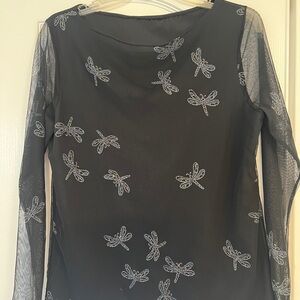 Elegant Black Blouse with Sparkly Dragonfly Designs Women's Top